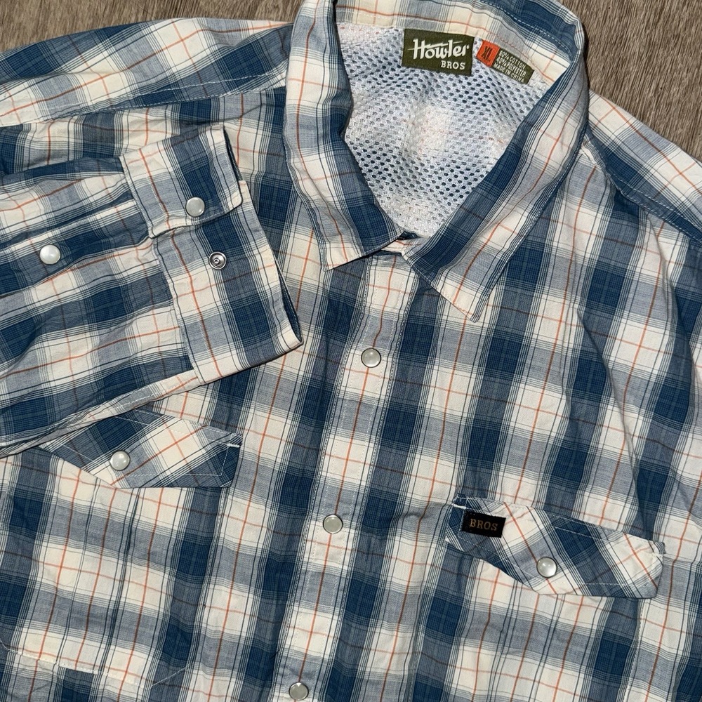 Howler Bros H Bar B Tech Long Sleeve Pearl Snap Men's XL Blue White Plaid Shirt